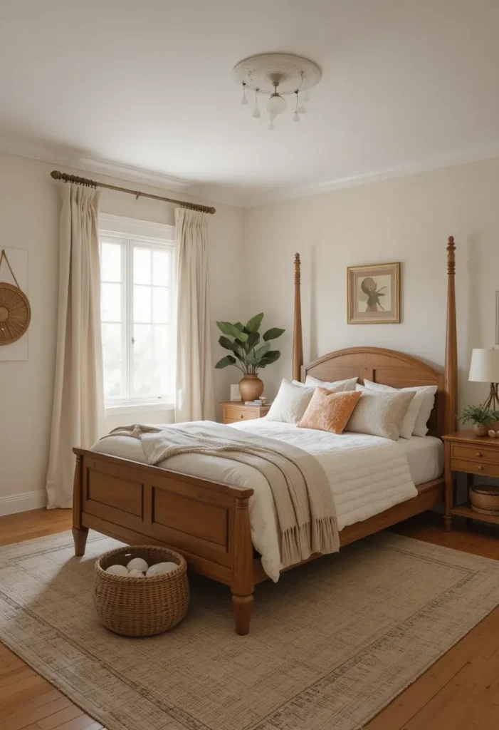 Natural wood and linen complementing green walls and orange accents in a bedroom.