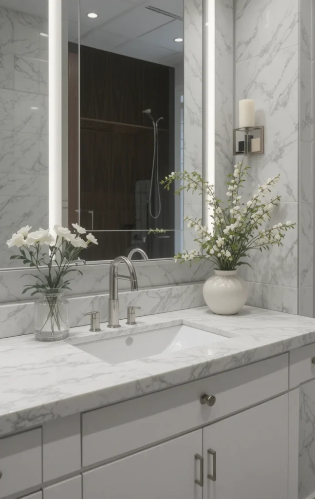 Bathroom vanity with marble countertop and clean, modern style.