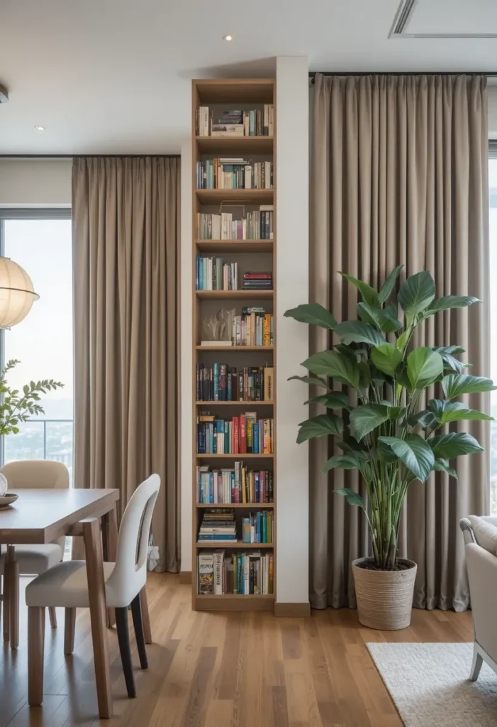 Vertical elements like tall shelves and artwork in open layout