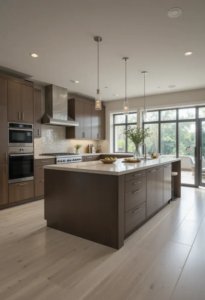 Kitchen island properly sized for spacious layout with walking space around.