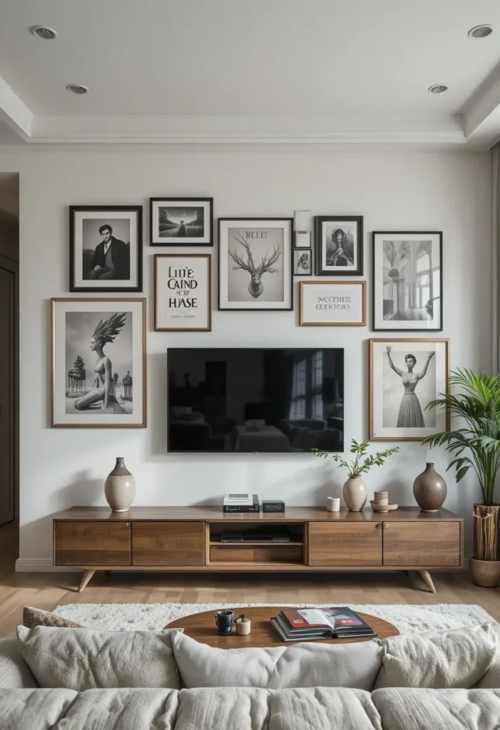 “Gallery wall with the TV as the central anchor in a modern living room.”