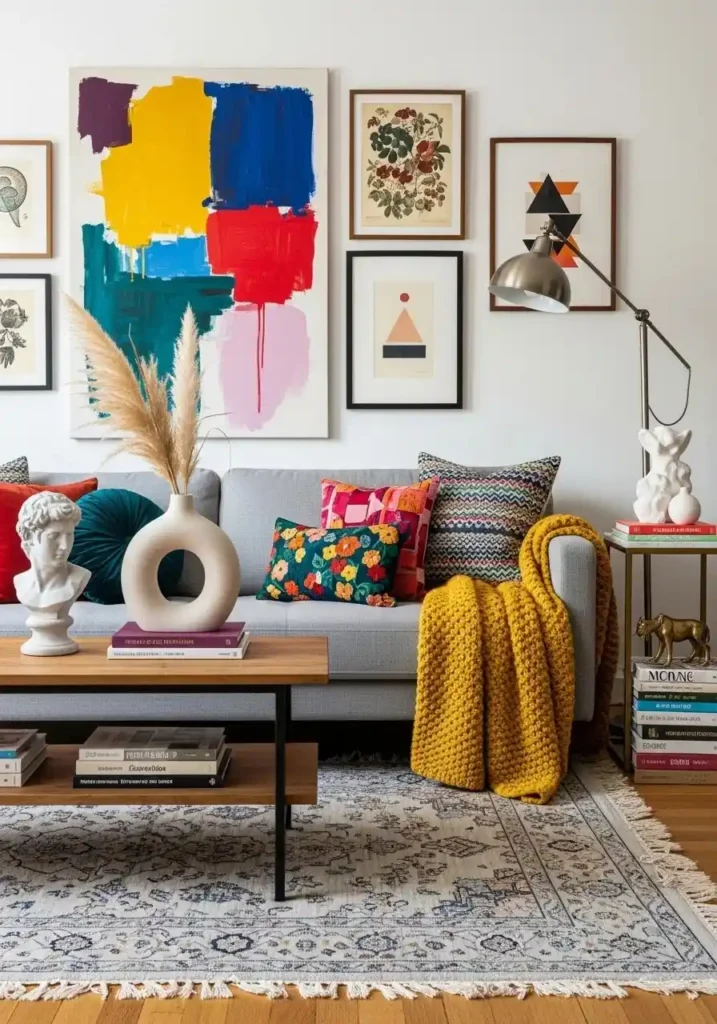 Eclectic living room with grey couch and bold artwork.
