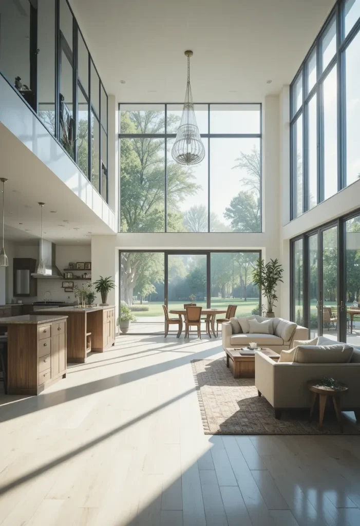 Bright open living room and kitchen with natural sunlight