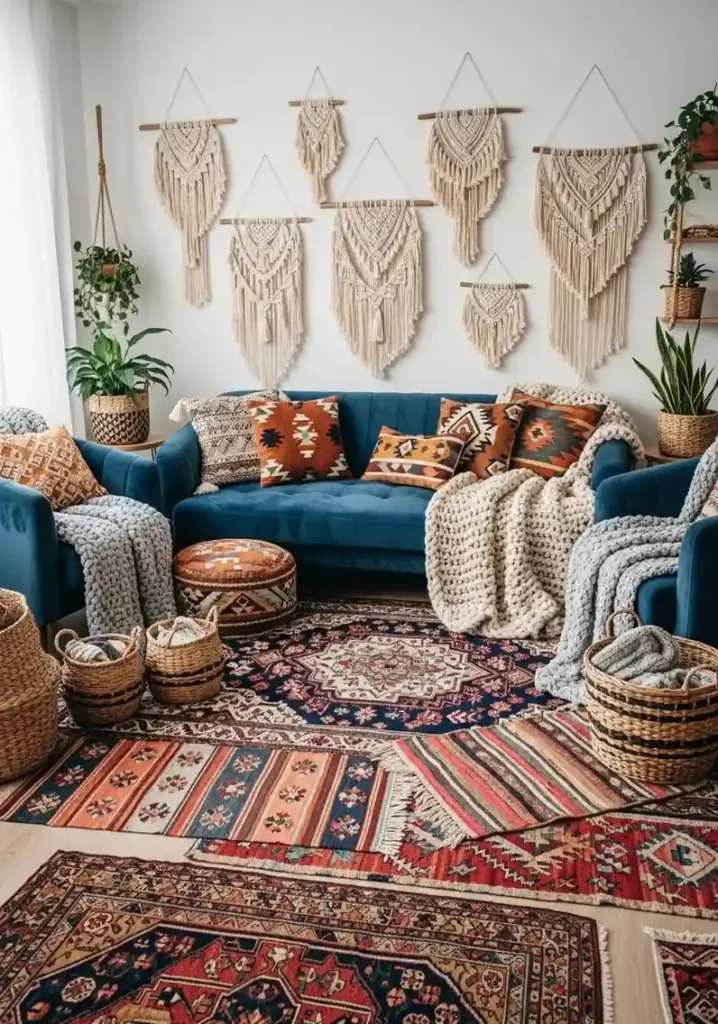 Blue couch in boho living room.