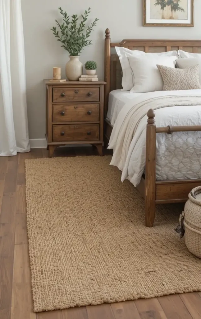 Beach bedroom with a natural jute rug adding texture and warmth.