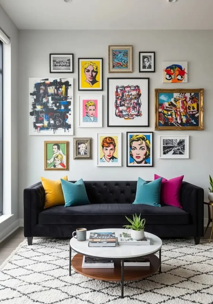 Black couch with vibrant gallery wall above it.