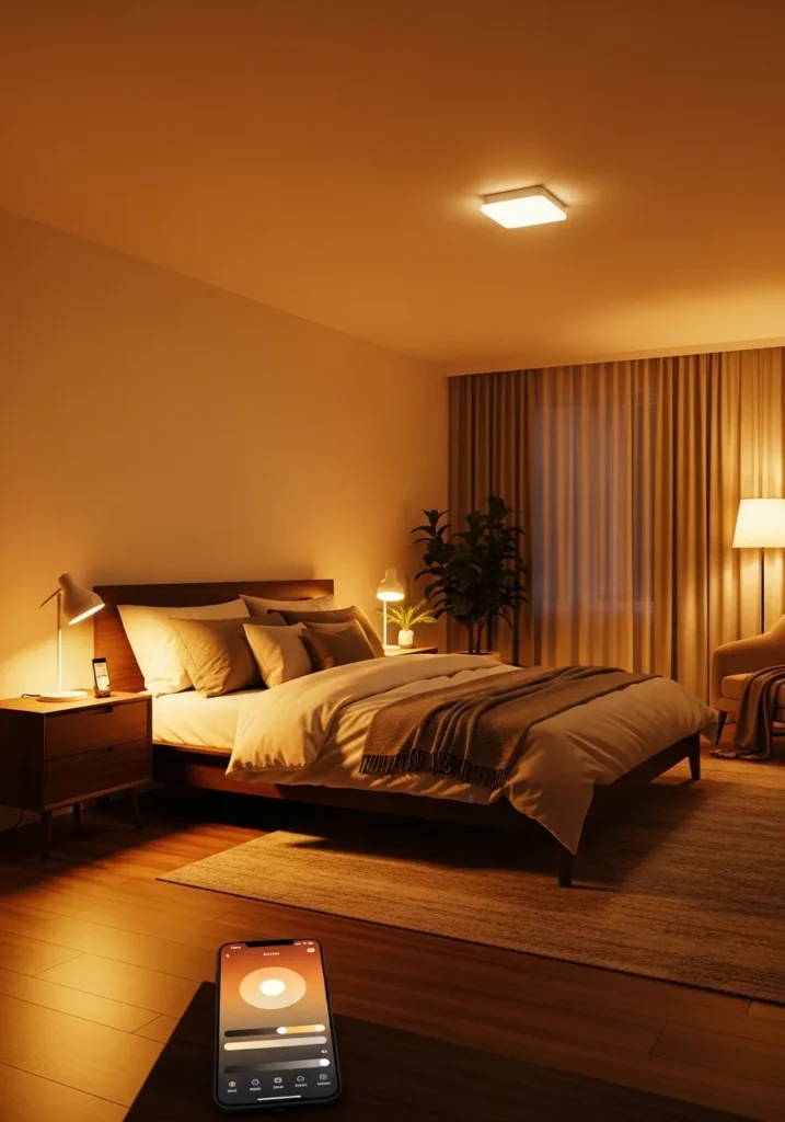 Bedroom with smart bulbs creating warm ambient light.