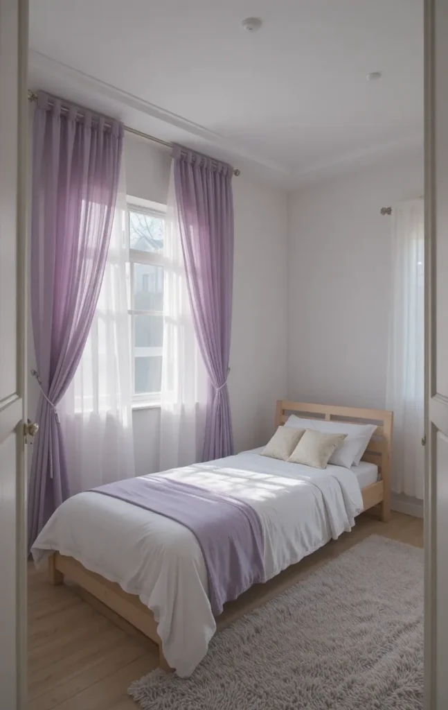 Bedroom with sheer lavender curtains and bright natural light.