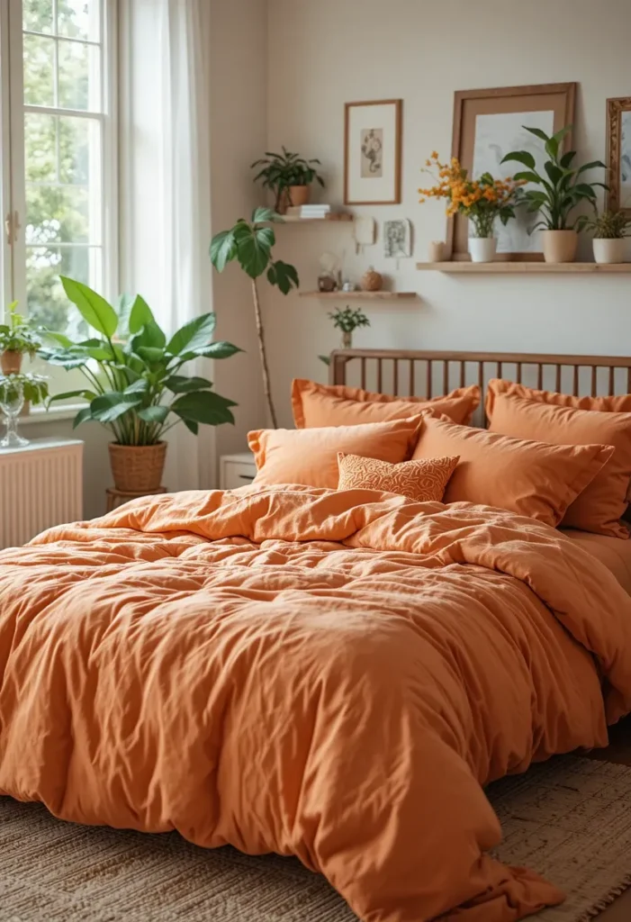 Orange and green bedroom with natural styling