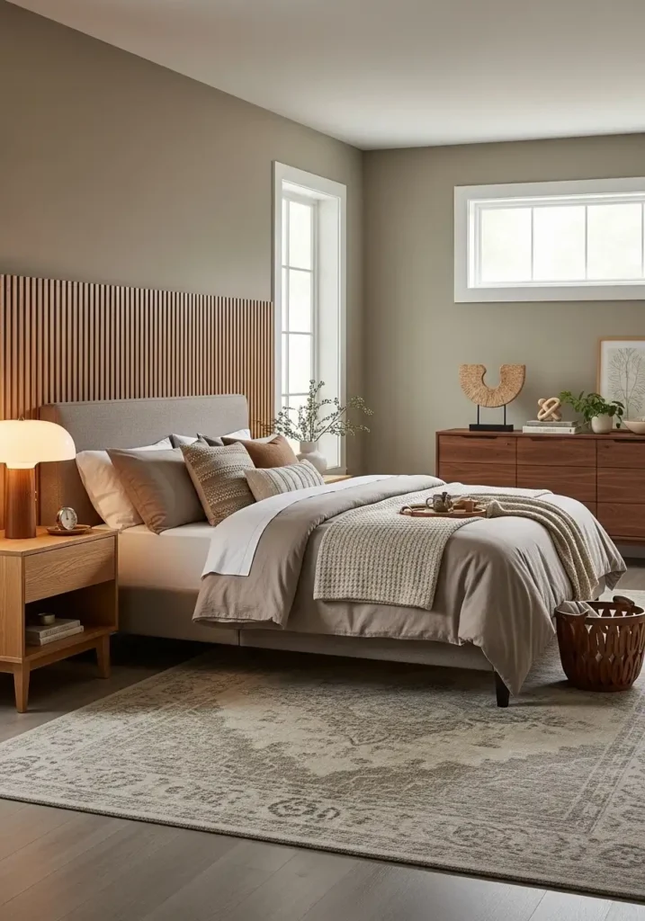 Taupe bedroom with warm wood furniture