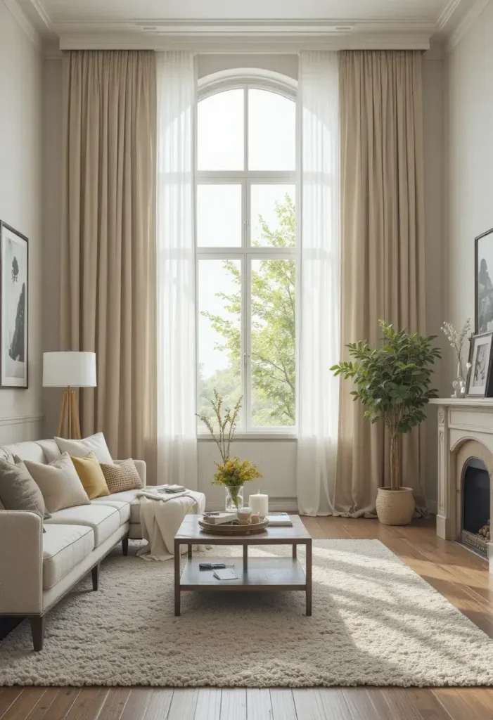 High hung curtains in living room