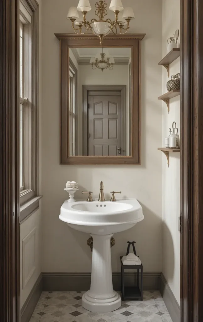 Classic pedestal sink in a small traditional powder room.