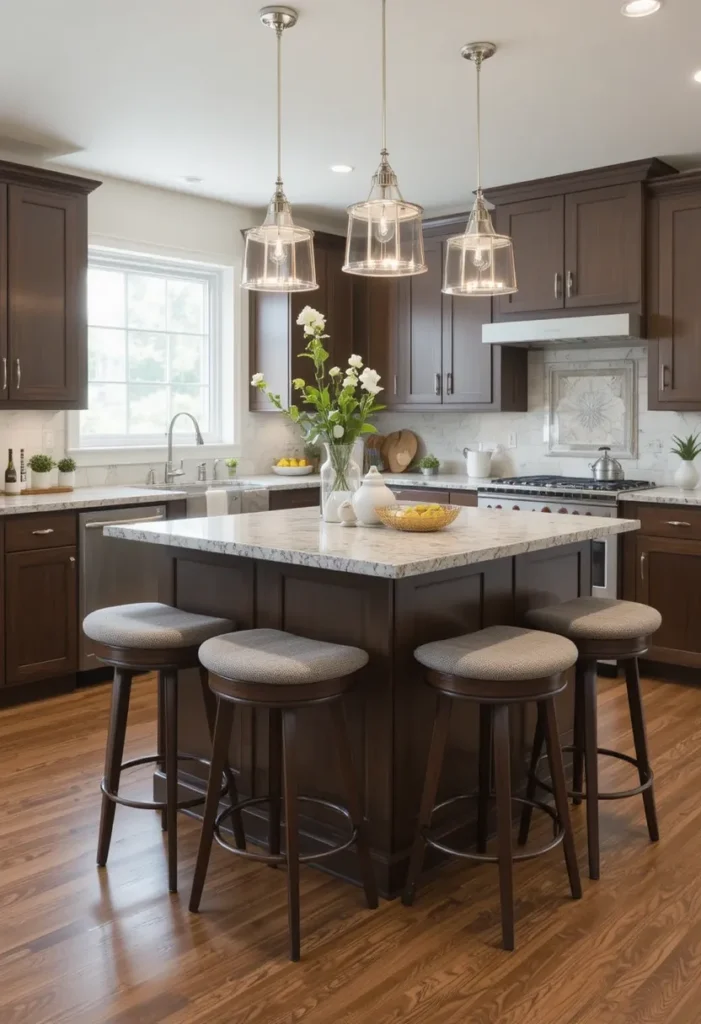 Correct counter-height stools at a kitchen island for comfortable and natural seating posture.