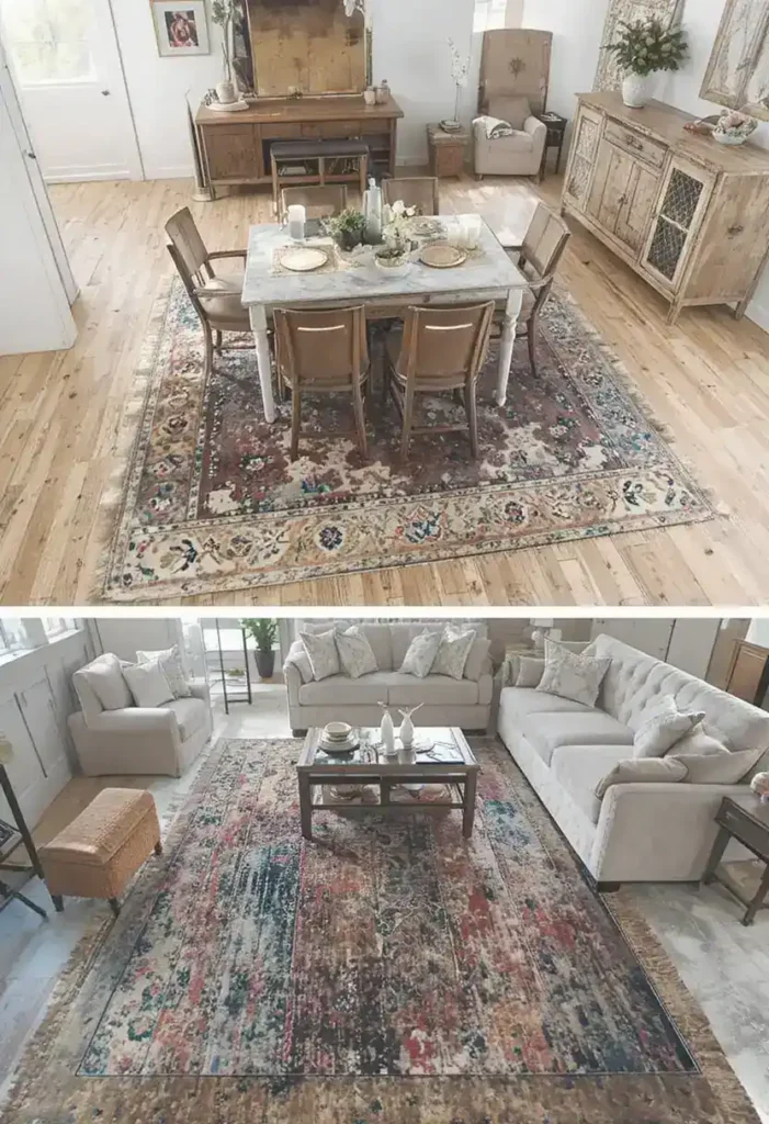 Open layout with rugs defining living and dining areas
