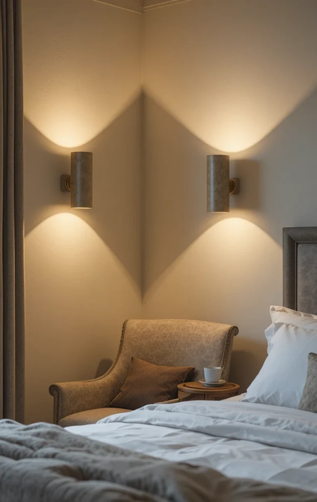 Warm wall sconces lighting a cozy bedroom corner.