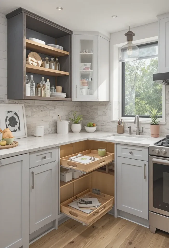 Corner cabinet with pull-out tray in a U-shaped kitchen.