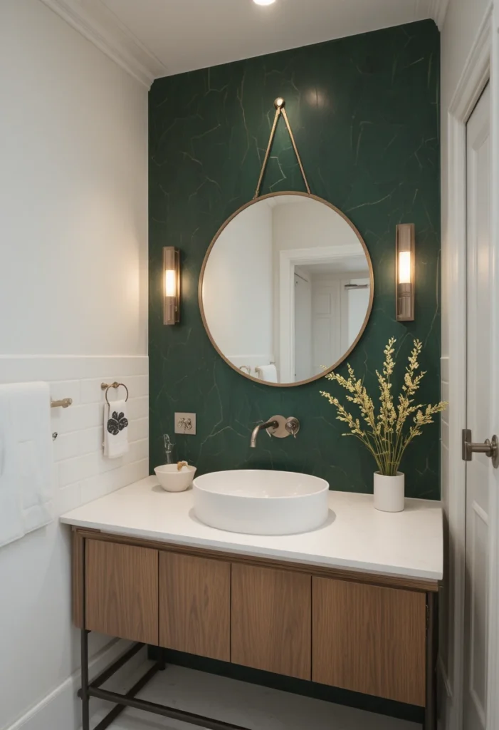 Bathroom featuring a dark green accent wall behind a white vanity and round mirror.