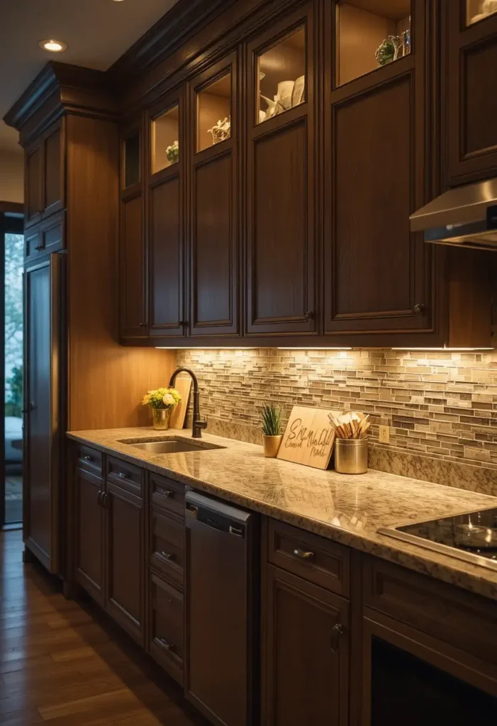 Under-cabinet lighting highlighting countertops in a kitchen.