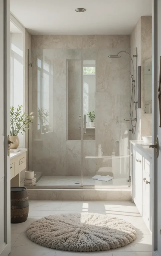 Plush bathroom rug outside shower on neutral tile floor.