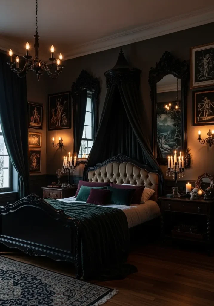 Gothic mirror reflecting moody lighting in bedroom.