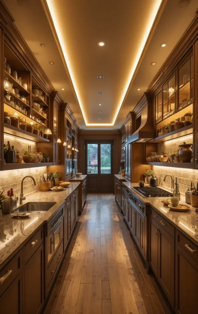 Layered lighting in a long kitchen to add depth and define functional zones