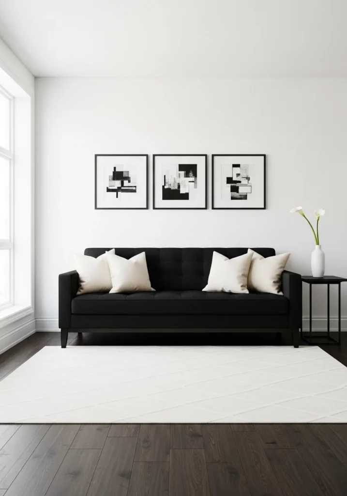 Black couch living room with black and white contrast styling.