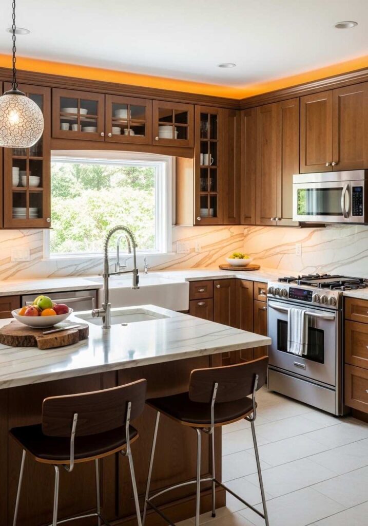Brown cabinets paired with marble countertops for a refined, elegant kitchen