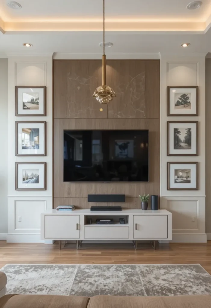 “Artwork and wall décor integrated around a TV on a living room wall.