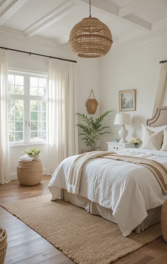 Beach bedroom with natural fiber décor including jute rugs, wicker baskets, and linen curtains.