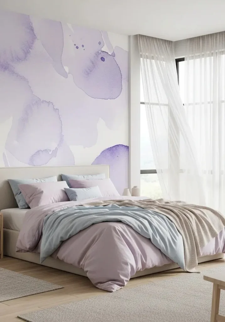 Bedroom with soft pastel lavender wallpaper accent wall
