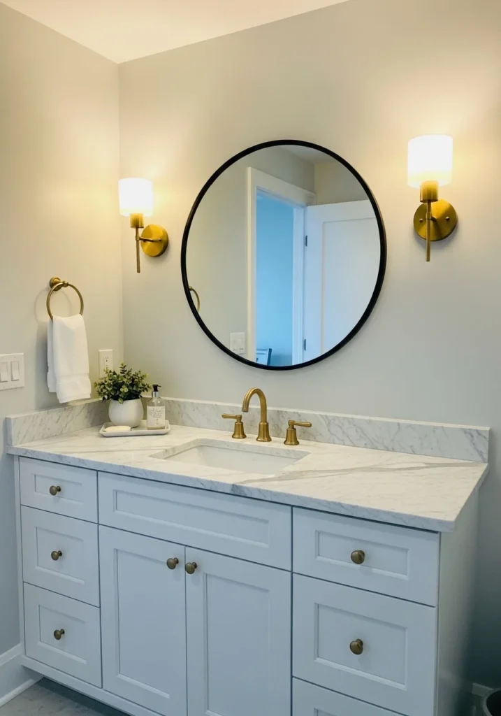 Round black-framed mirror above white bathroom vanity with brass sconces.