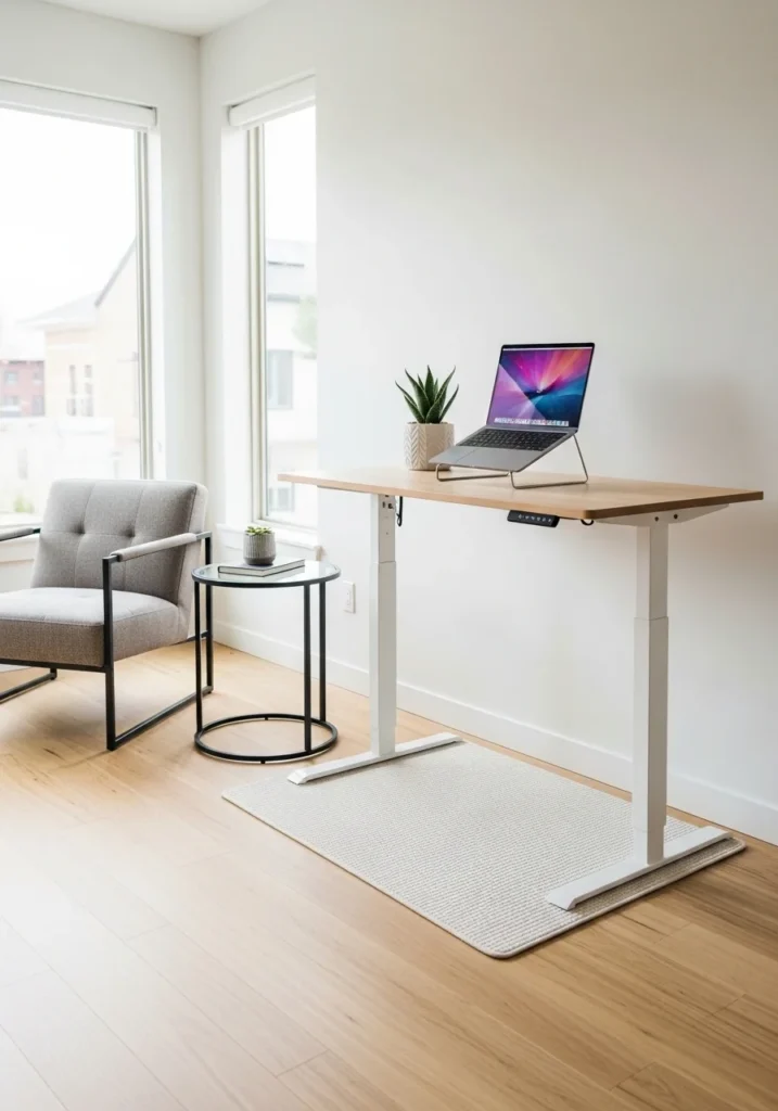 Compact standing desk in a small living room for flexible work.