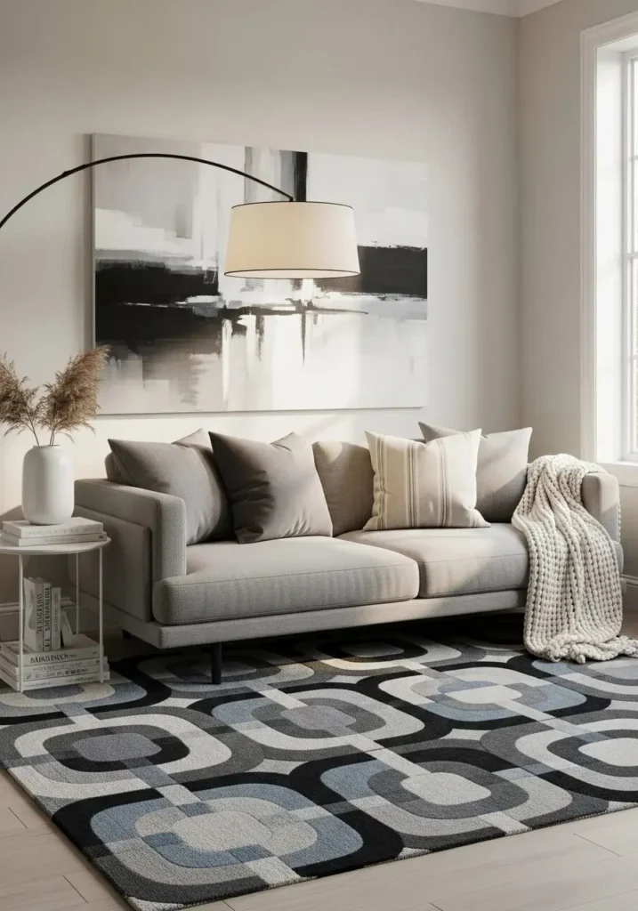 Gray and black rug tying together a modern living room.