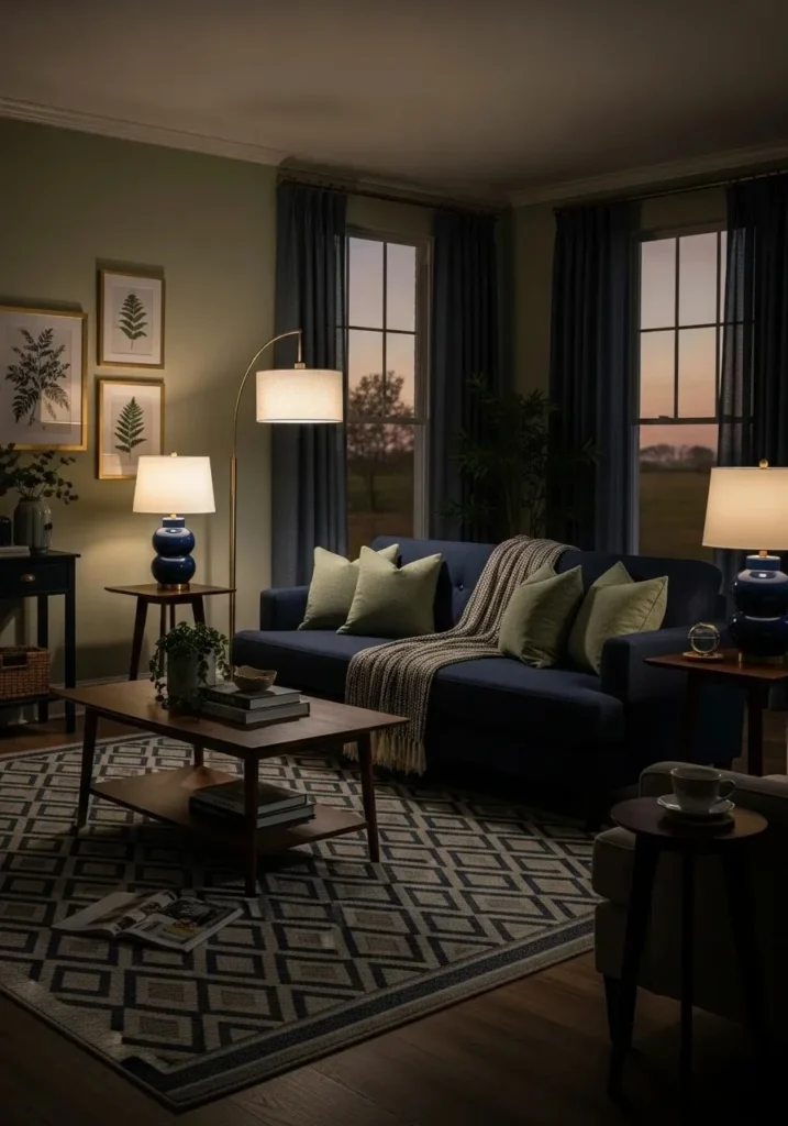Warm lighting creating a soft and inviting navy and sage living room