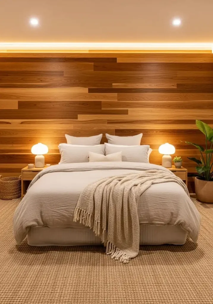 Wood panel accent wall adding warmth to a bedroom.