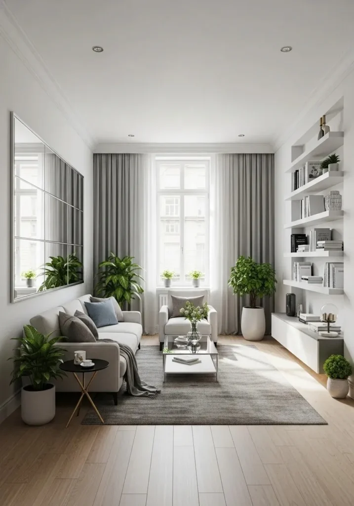 mirror reflecting light in long living room