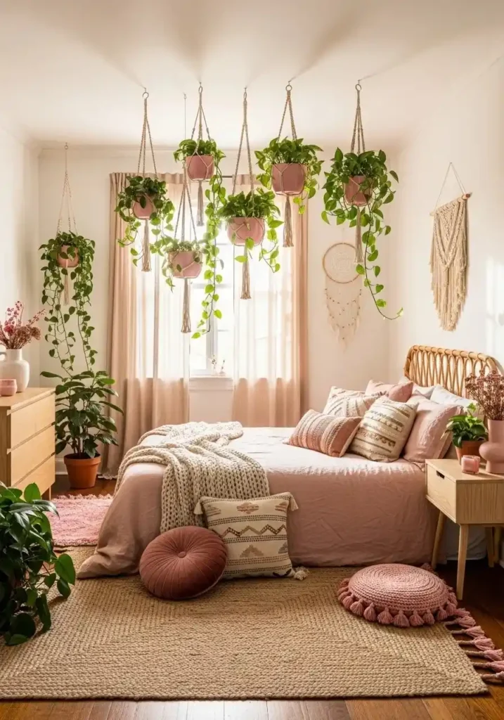 Hanging plants in pink planters in boho bedroom