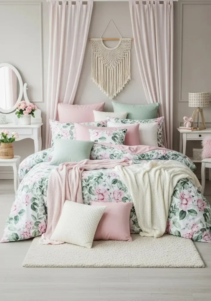 pink and green floral bedding bedroom inspiration