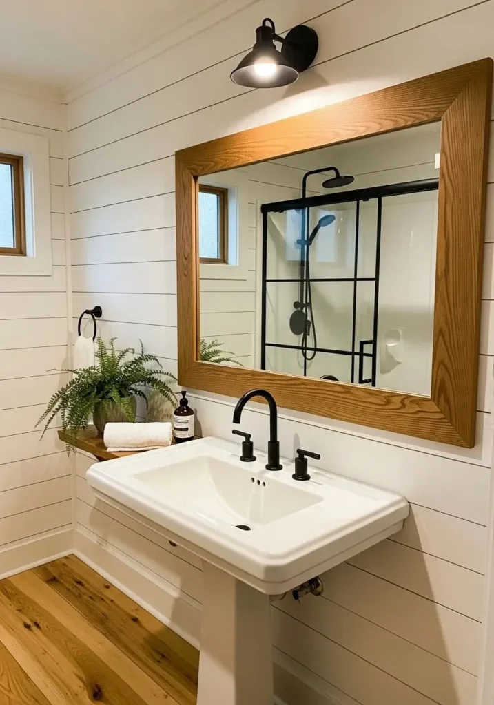 Wood-framed bathroom mirror against white shiplap wall.