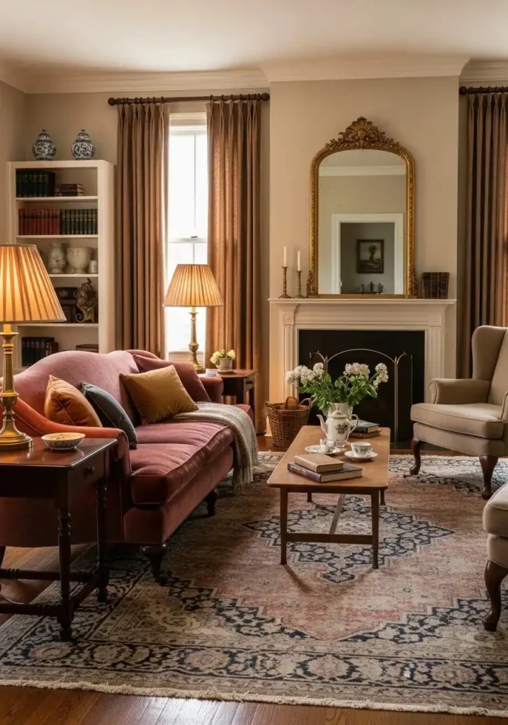 vintage living room with dark wooden bookshelves, stacked old books, framed photos, antique decor pieces