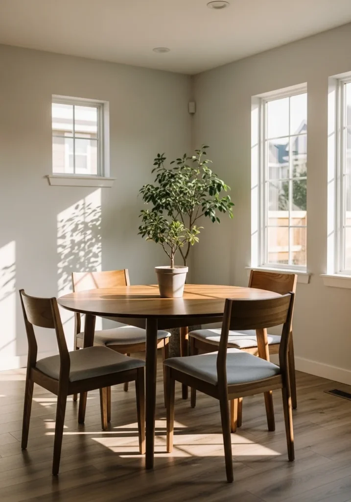 round dining table with greenery centerpiece