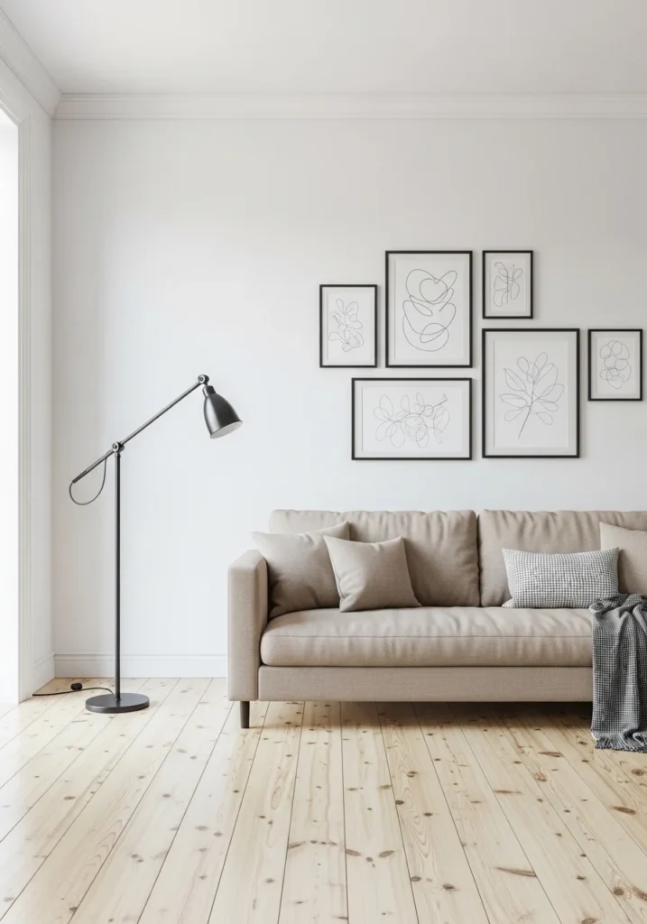 Neutral Scandinavian living room with black accent decor.