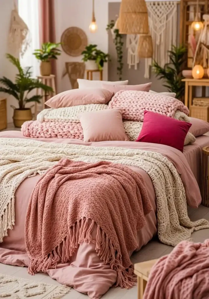 Layered pink bedding with cozy boho textures on a bed