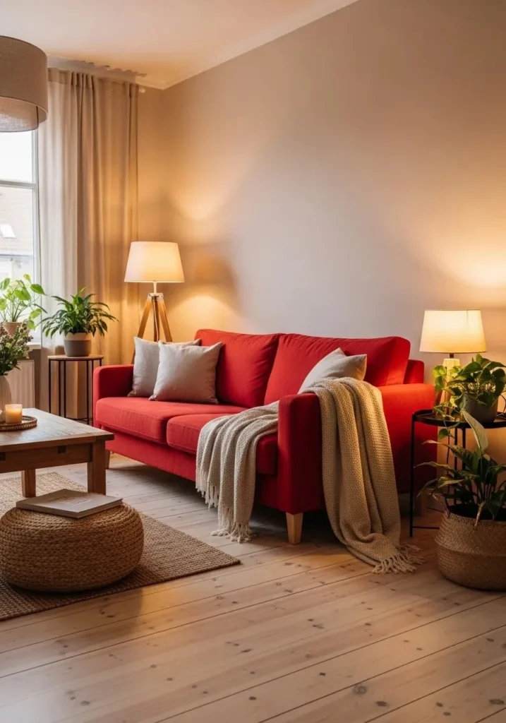 Red sofa on beige walls, cozy living room.