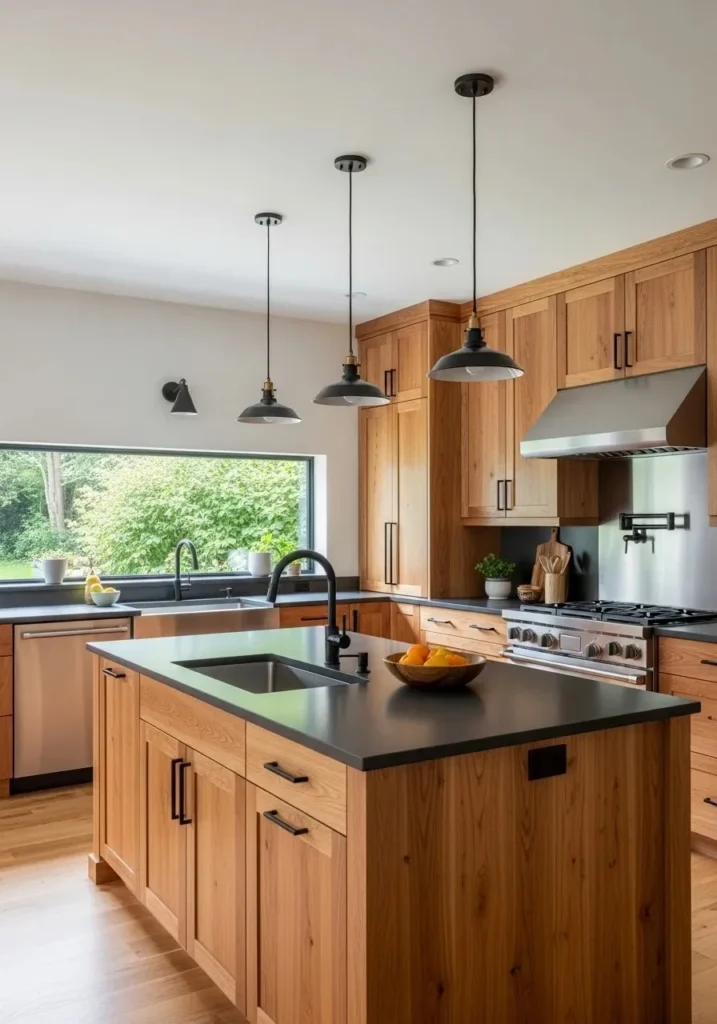 Hickory cabinets with dark countertops.