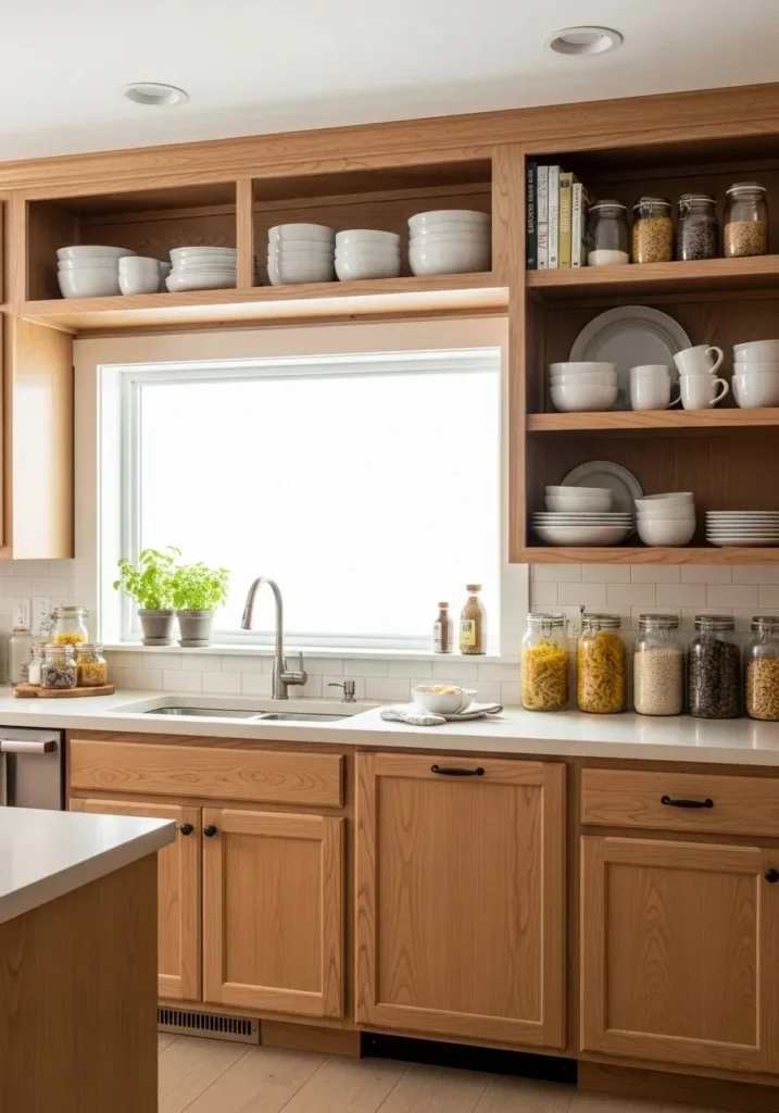 Hickory kitchen with open shelving.