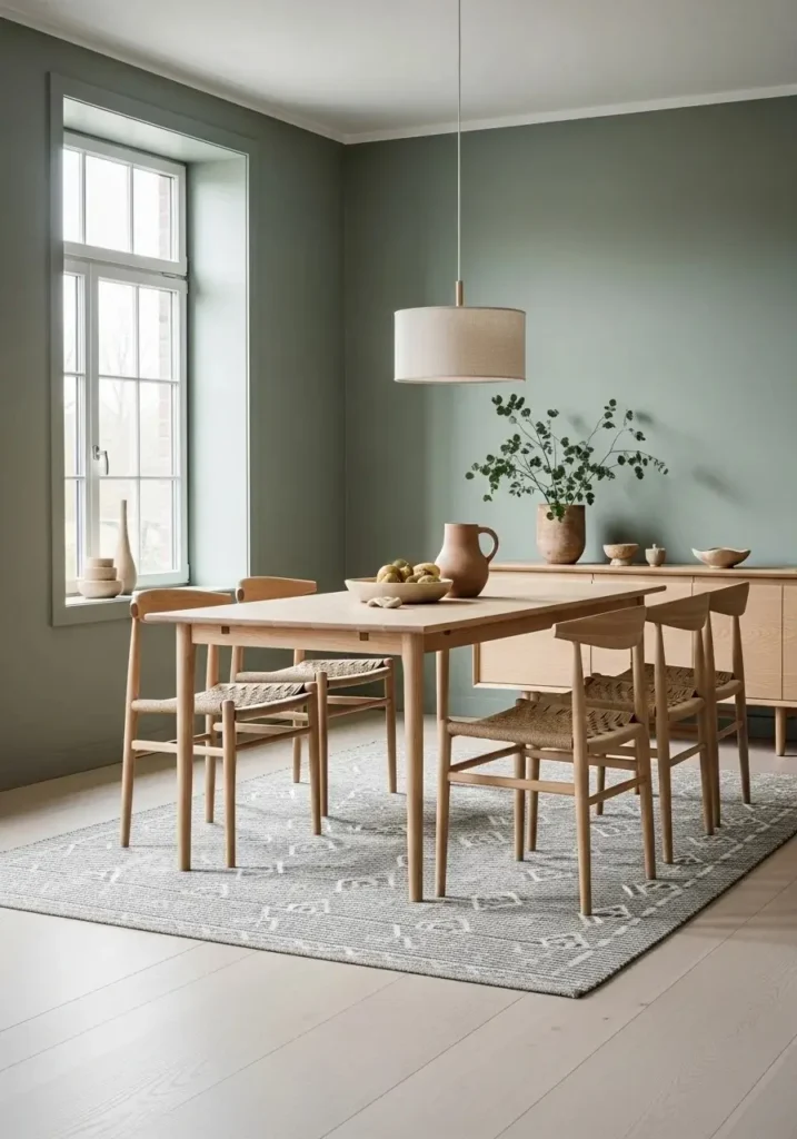 green dining room with natural wood table and chairs