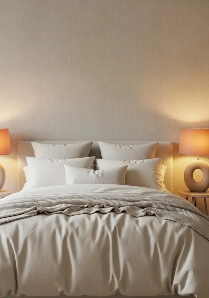 Bedroom with subtle neutral textured wallpaper accent wall