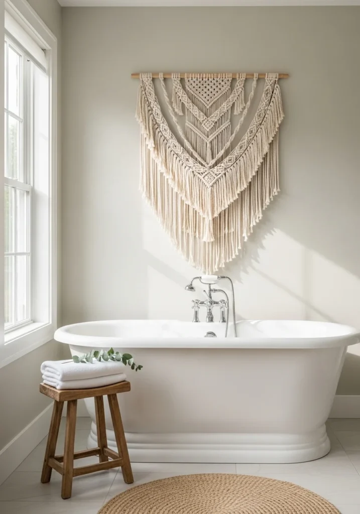 Macramé wall hanging in bathroom.