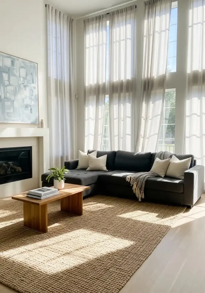 Living room with charcoal couch and light curtains creating an airy look.